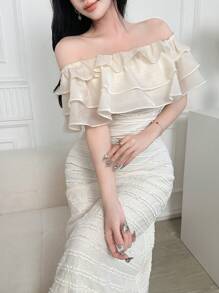 Feyla 女士纯色露肩修身优雅连衣裙 - 杏色 - 查看 2