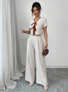 Chiquease 女士优雅系带前蝴蝶结 V 领上衣和直筒裤 2 件套，适合通勤和休闲穿着