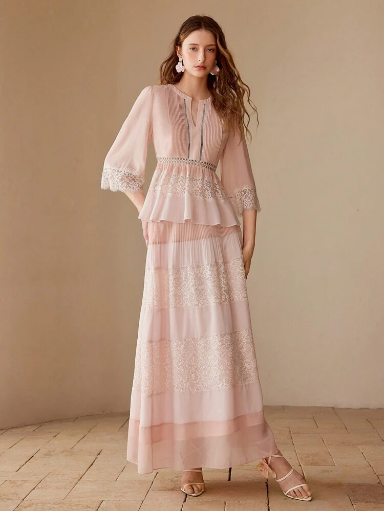 CONTRAST LACE PEPLUM BLOUSE,SPRING/SUMMER