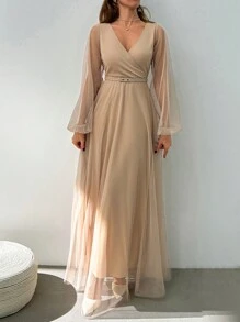 EURMUSE Dor Jacquard Sleeve Detailed Beige Long Dress For Going Out - Beige - View 3