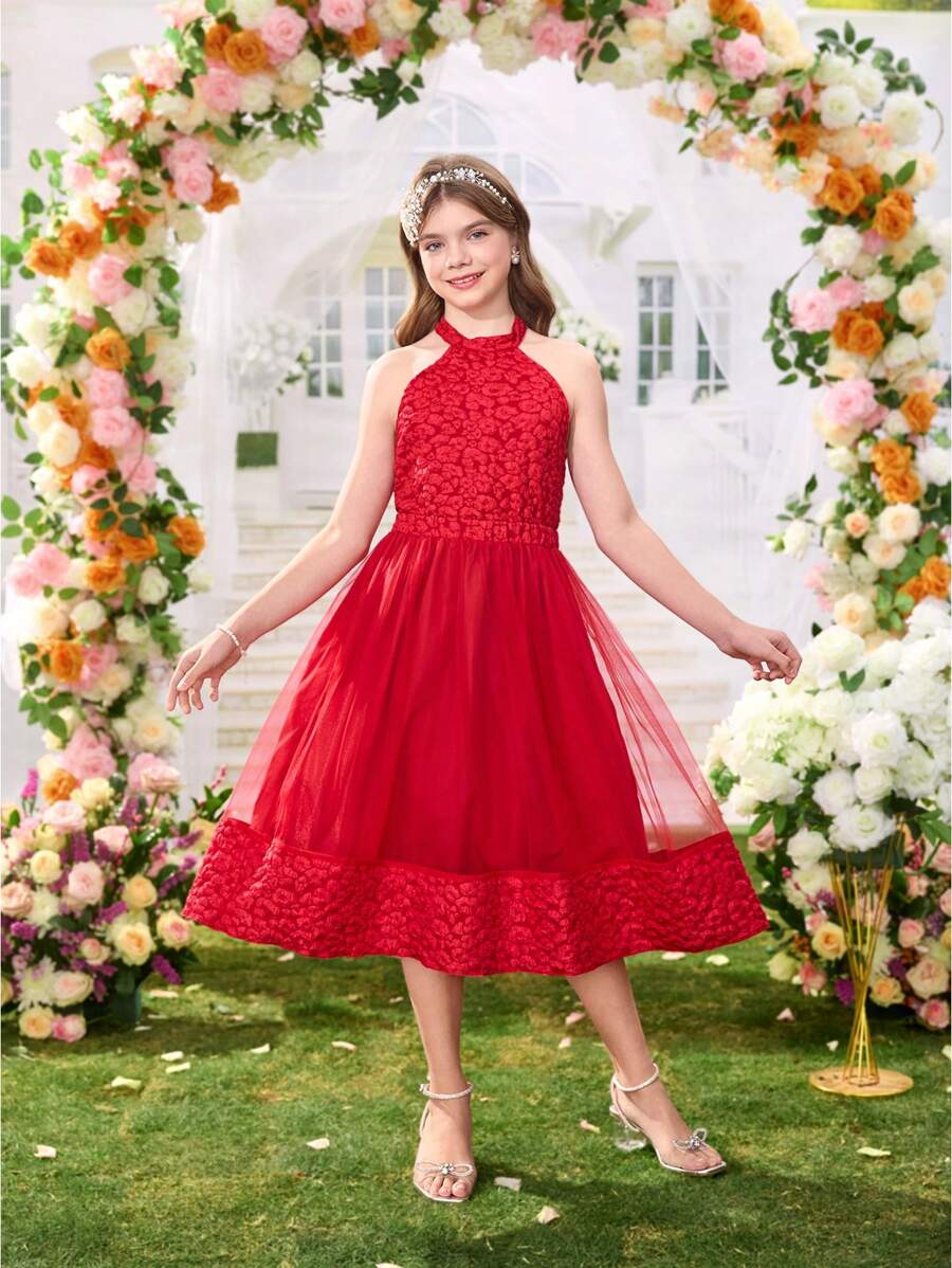 2 件/套 Tween Girl 纹理提花露背上衣搭配红色网眼拼接，优雅套装，适合派对/聚会/下午茶，春/夏 - 紅色 - 查看 1