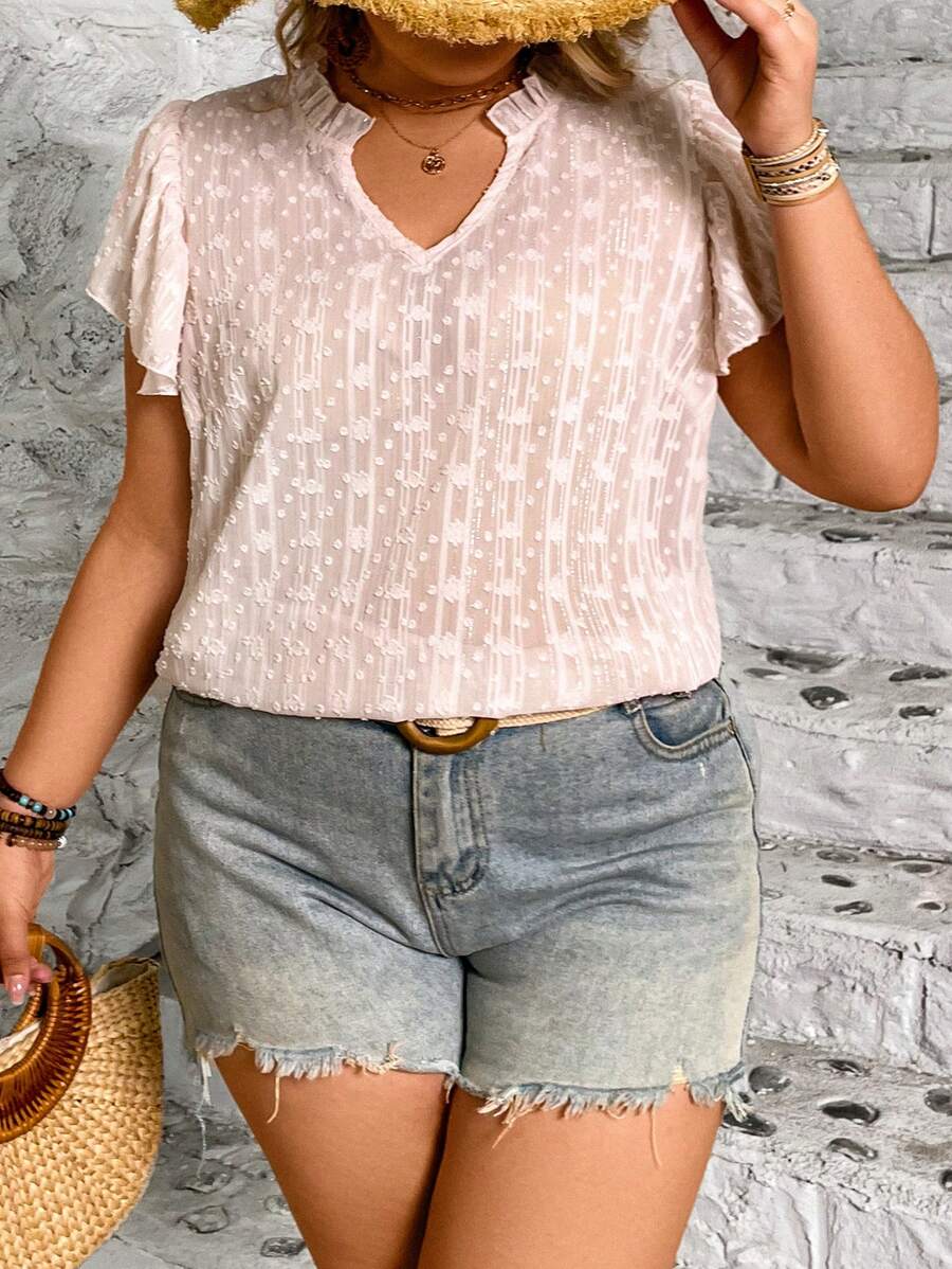 SHEIN LUNE Plus Size Women V-Neck Shirred Sleeve Jacquard Blouse, Casual Resort Wear - Pink - View 1