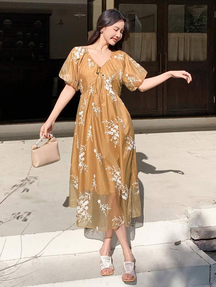 Women's Floral Print Mid-Length Casual Dress, Minimalist And Fashionable For Everyday Wear Sundress Maxi Dress Boho