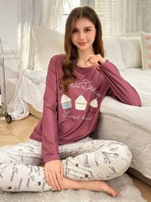 SHEIN 2 件青少年女孩休闲印花长袖上衣和裤子家居服套装，浅灰色-紫色 - 淺灰紫 - 查看 1