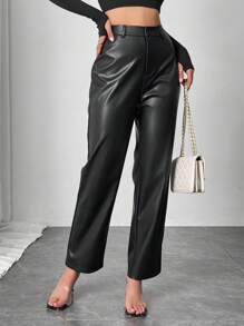 Chiquease 早春休闲修身直筒微喇叭女裤，复古高端仿皮长裤，百搭简约黑色长裤，适合日常穿着 - 黑色 - 查看 6