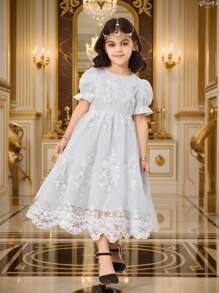 Glamorique Kids 1 pieza Vestido blanco de princesa elegante con manga abombada y ribete de encaje para niñas, de verano - Blanco - Ver 1