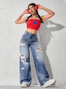 SHEIN EZwear Women's Front Button Pocket Distressed Casual Jeans - Blue - View 2