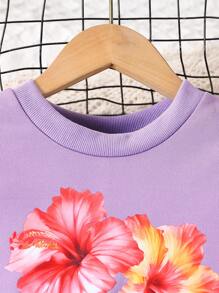 SHEIN 2pcs/Set Tween Girl Casual Floral Print Cropped Loose Drop Shoulder Sweatshirt & Relaxed Wide-Leg Pants