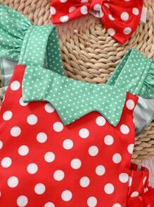 SHEIN Newborn Baby Girl Summer Green Ruffled Shoulder Strap Spliced With Red Polka Dot Jumpsuit Spliced With Mesh Cute Cartoon Strawberry Shaped Outfit And Headband Suitable For Newborn One Year Old Shooting - Red - View 6