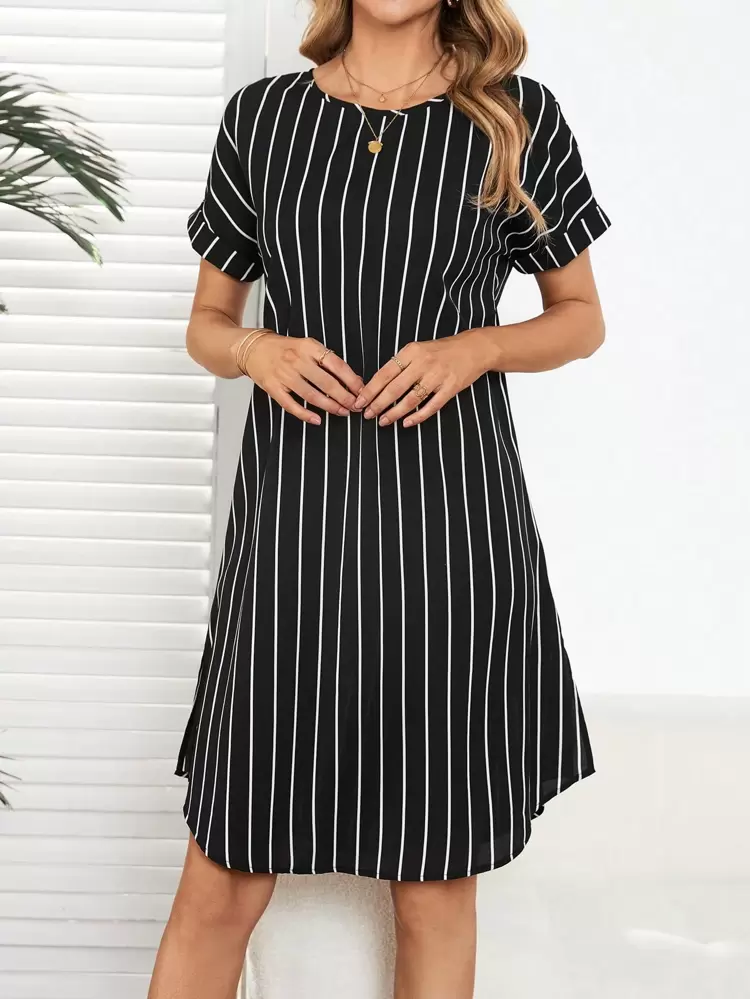 Women's Casual Striped Mid-Length Dress, For Commute