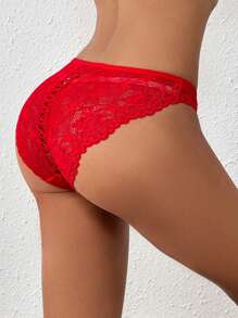 Women's Sexy Solid Color Lace See-Through Panties - Red - View 5