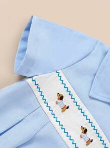 SHEIN Baby Boy Spring Summer  Simple Fashion Casual EverydayBlue Short Sleeve Small Lapel Dachshund Exquisite Embroidered Pattern Cute Baby Boy Bodysuit - Blue - View 6