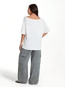 SHEIN Unity Camiseta holgada de cuello redondo con estampado vintage de talla grande - Blanco - Ver 2