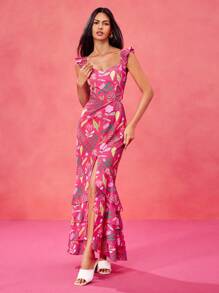 Miriam Omar Designer Boho Bohemian Rose Red Floral Print Ruffled Mid-Slit Maxi Sundress For Spring And Summer Vacation, Festival, Concert Outfit, Ibiza Fits, Prom Dress Brunch Outfits Tea Party Dress Rave Outfit - Hot Pink - View 5