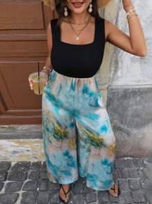 SHEIN VCAY Plus Size Boho Contrast Floral Print Wide Leg Pants 2-In-1 Jumpsuit, For Summer - Multicolor - View 5