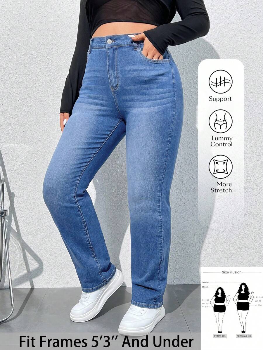 SHEIN PETITE CURVE Plus Size Women's Straight-Leg Casual Pocketed Jeans, Versatile - Medium Wash - View 1