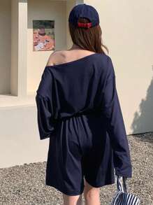 DAZY Women's Solid Color Loose Long Sleeve Off Shoulder Jumpsuit Summer Romper Lounge Sets For Women - Navy Blue - View 2