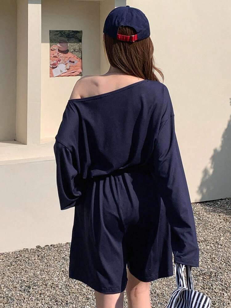Women's Solid Color Loose Long Sleeve Off Shoulder Jumpsuit Summer Romper Lounge Sets For Women