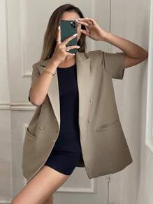 Livesso Blusa de manga corta, suelta y de unicolor, con estilo vintage casual, chaqueta de mujer para primavera y verano, blazer de mujer para ropa de trabajo y atuendo de negocios