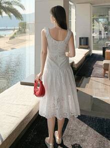 DAZY 女式荷叶边领刺绣中长连衣裙太阳裙