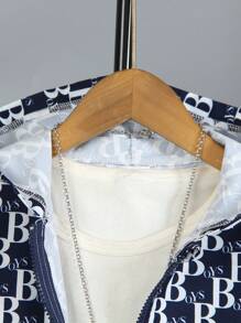 SHEIN 2 件套年轻男孩数字英文字母印花拉链夹克和运动裤，适合返校季、秋冬季、万圣节、圣诞节 - 寶藍色 - 查看 3