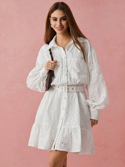 Enchnt 春冬浪漫女士白色精致花卉镂空刺绣长袖休闲短裙配腰带，休闲舒适优雅透气，适合情人节、节假日、度假和通勤日常