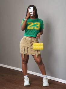 Slaydiva New Spring And Summer Casual Street Sports Style Round Neck Short-Sleeved Yellow Star Pattern 23 Slogan Logo Crocheted Dark Green Women's Sweater-B - Dark Green - View 4