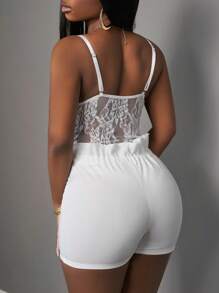 Slaydiva 2 件套夏季新款性感优雅细肩带蕾丝透视紧身衣 + 荷叶边领结短裤，海军蓝女士 - 白色 - 查看 2