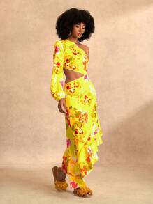 Slaydiva Yellow,Autumn,Boho,Vacation,Holiday,2025Spring/Summer Floral Print Asymmetric Hem Women Dress,One Shoulder Cutout Elegant Wedding Party Beach Dress - Multicolor - View 4