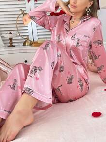 Valentine's Day Heart Cat Pattern Satin Lapel Women Pink Pajama Set - Multicolor - View 4