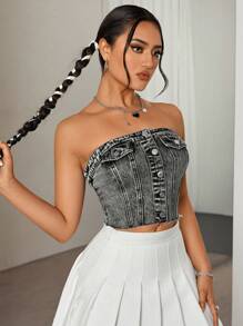 SHEIN ICON Casual Distressed Open-Front Denim Cropped Top - Light Grey - View 5