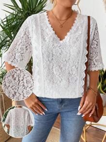 SHEIN LUNE Bluză romantică, elegantă, slăbită, din dantelă, mărime Plus - alb - Vizualizare 6