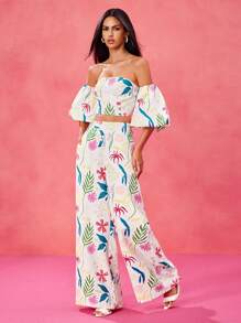 Miriam Omar Designer Boho Bohemian Floral Printed Lantern Sleeves Strapless Top With Flared Pants Set, Festival - Multicolor - View 4