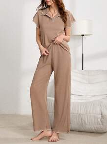 Lazeform Color Block Polo Collar Ruffled Short Sleeve & Pants Women Loungewear Set