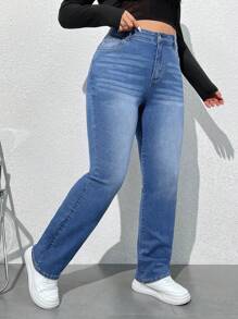 SHEIN PETITE CURVE Plus Size Women's Straight-Leg Casual Pocketed Jeans, Versatile - Medium Wash - View 4