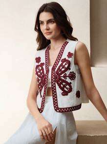 Anewsta Exotic Embroidered Fringe Vest, Casual Short Style Women Spring Summer Top - White - View 4