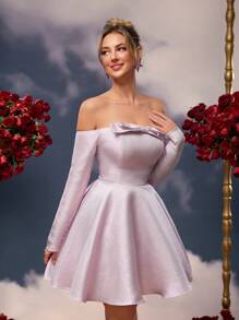 SHEIN Belle Elegante y romántico vestido formal rosa pastel con lazo de tela brillante y mangas largas fuera del hombro, para fiesta de graduación, fiesta de cumpleaños, Día de San Valentín, baile de graduación, vestido de invitado a boda