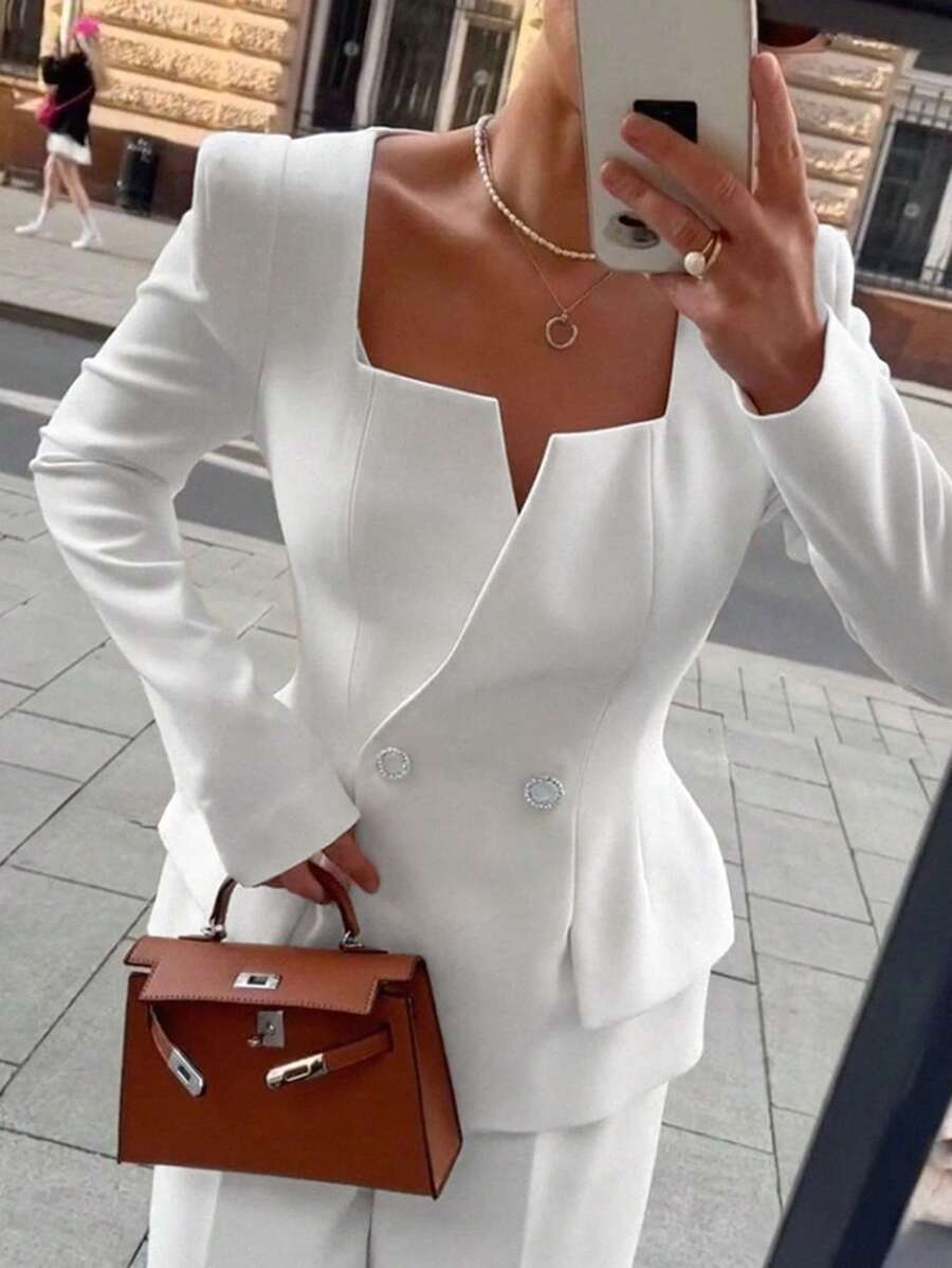 Chiquease Women's Elegant Long Sleeve White Wrap V-Neck Blazer