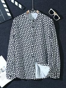 SHEIN Manfinity Dauomo 男士时尚圆点印花长袖衬衫，夏季 - 黑與白 - 查看 3