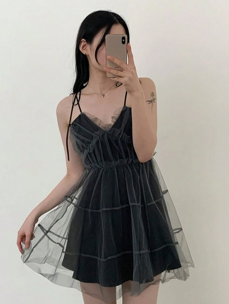 DAZY Spaghetti Strap Mesh Patchwork Contrast Color Sexy Women Short Babydoll Dress Sundress,Mini Dress,Casual Women Dresses - Black - View 1