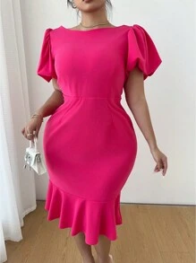 Elenzga Plus Size Women Solid Color Crew Neck Short Sleeve Ruffle Decor Casual Midi Dress