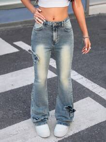 SHEIN Teen Girls Retro Blue Denim Flare Jeans ,Denim Pants - Medium Wash - View 5