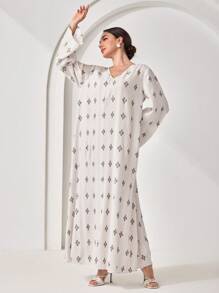 Veilorie Modest Casual Pleated Floral Print Women's Abaya, Turkish Dress, Extra Long Dress, Kaftan & Jalabiya - Apricot - View 4