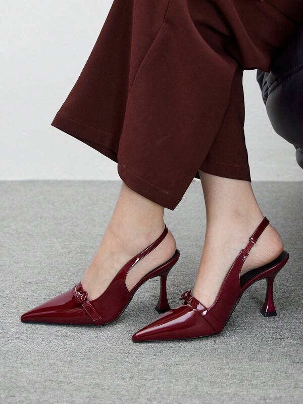 CUCCOO BIZCHIC Women's Pointed Toe Strap Buckle High Heels, Elegant Stiletto Office Pumps, Wine Red Patent PU Slingback Shoes For Date, Afternoon Tea, Party, Valentine's Day, Workplace