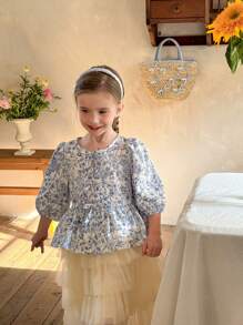 LMoss Kids LMoss  Young Girls' Ditsy Floral Round Neck Puff Sleeve Fitted Casual Blouse,Suitable For Spring And Summer - Multicolor - View 4