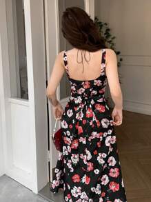 DAZY Women All-Over Floral Print Spaghetti Strap Waist Midi Dress Sundress Boho - Black - View 2