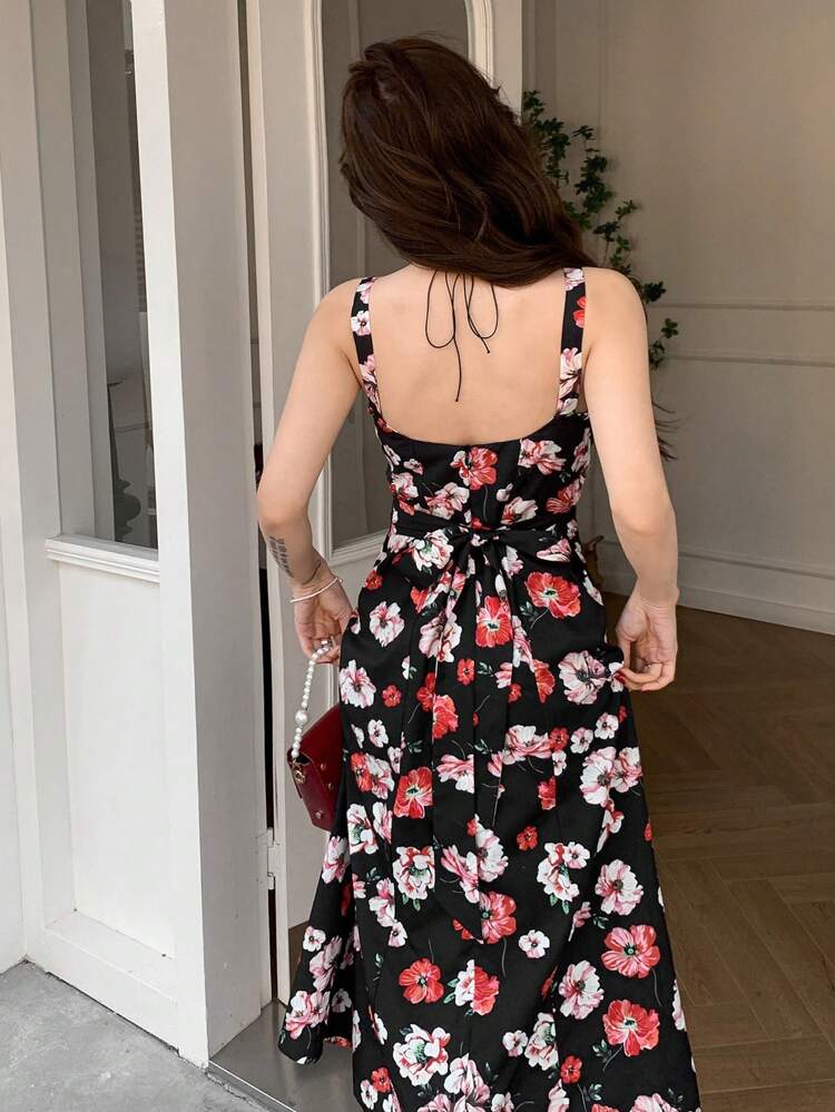 Women All-Over Floral Print Spaghetti Strap Waist Midi Dress Sundress Boho
