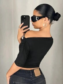 SHEIN ICON Y2K Style Tight-Fitting Asymmetric Neck Sexy Bat Wing Cropped T-Shirt - Black - View 2