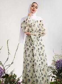 Graceveil 女士雪纺花卉印花浪漫优雅保守阿拉伯长裙，春夏季，端庄 - 白色 - 查看 3