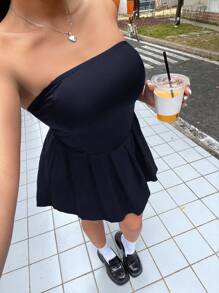 SHEIN EZwear 春夏简约纯色褶皱宽松 A 字形蓝色大码中长连衣裙 - 藏蓝色 - 查看 6